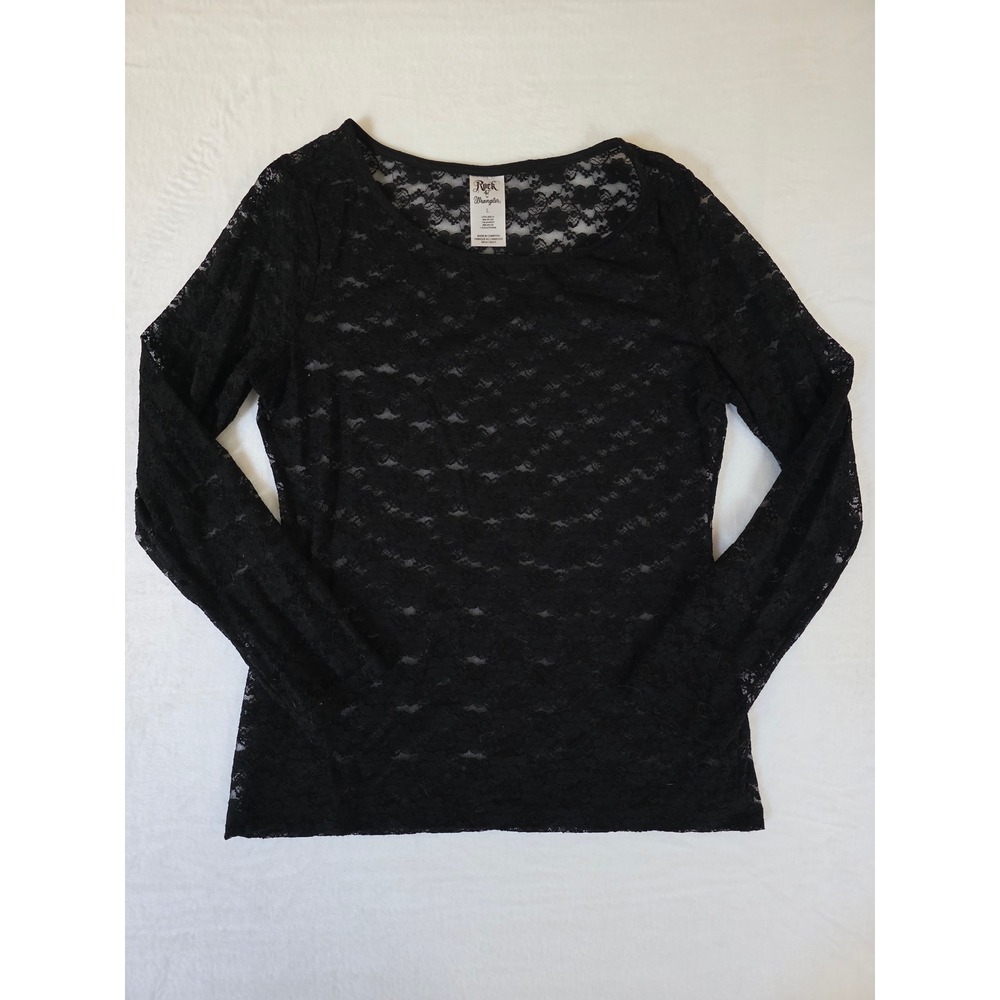 Rock 47 by Wrangler Lace Top Long Sleeve Scoop Neck Large Black Western Boho‎ L